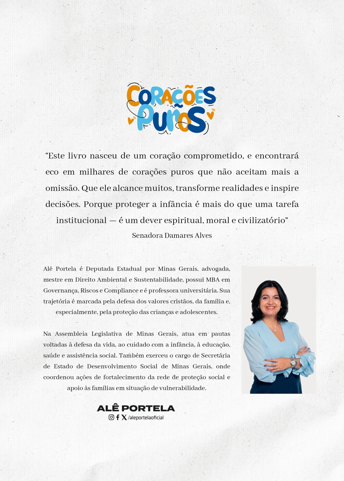 Contracapa do livro Corações Puros com foto e biografia de Alê Portela